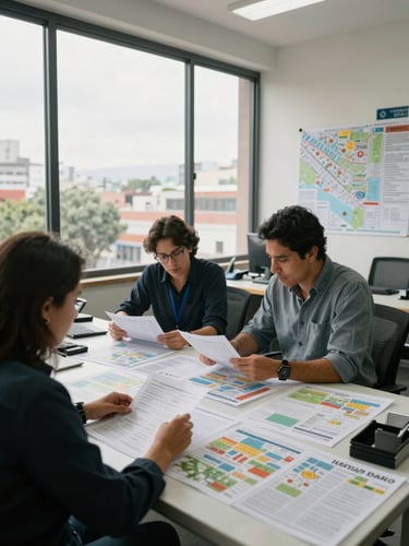 Wide shot of a travel agency open-plan office in Mexico City, two colleagues reviewing printed itinerary sheets spread across a large table under daylight from floor-to-ceiling windows, maps pinned to wall in background, natural light, mid-activity