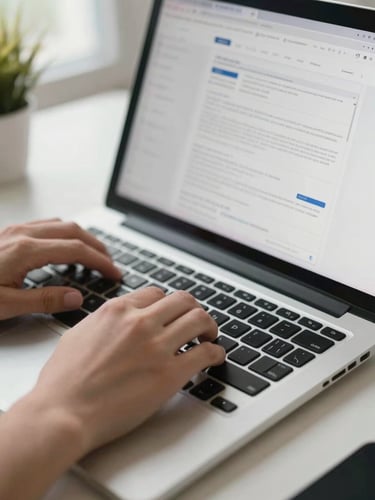 Close-up of hands typing on a laptop keyboard in a bright studio workspace, screen showing a website wireframe layout, clean daylight from the left, sharp focus on the keys and screen edge
