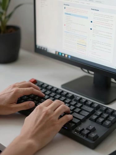 Close-up of hands on a mechanical keyboard beside a monitor showing a website wireframe in progress, clean studio daylight from the left, sharp focus on the keys and screen content