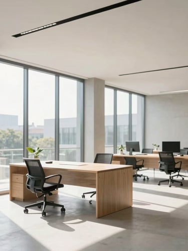 Bright, sun-drenched modern architectural workspace with high-key natural daylight, minimalist concrete and glass, clean editorial feel, shallow depth of field, 35mm