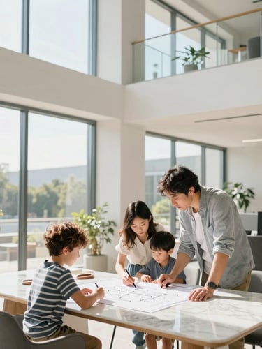 Bright editorial photography of a modern, sun-drenched architectural workspace, clean lines, large windows, a family collaborating over blueprints on a marble table.
