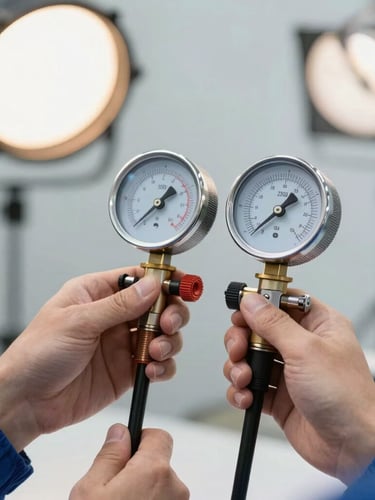 Crisp commercial photography of professional technician hands adjusting high-end diagnostic pressure gauges, bright clean work lights, sharp focus, 35mm