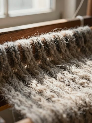 Macro close-up of thick, undyed wool threads on a rustic wooden loom, heavy shadows highlighting the coarse fiber texture and natural charcoal variation, warm window light, 35mm.