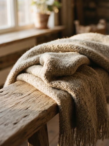 Close-up of a heavy oatmeal-colored wool blanket draped over a raw oak bench, warm low-angle afternoon window light casting deep soft shadows, 35mm photography