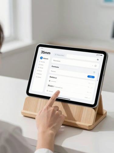 Over-the-shoulder shot of a hand tapping a clean tablet kiosk mounted on a light wood stand in a bright, modern medical clinic with soft daylight, minimalist product photography, 35mm lens