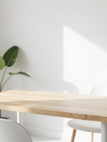 Bright minimalist Florida workspace with diffused morning daylight, a clean oak desk, a single green plant, and soft pastel accents, 35mm lens