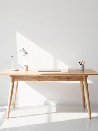 Bright minimalist Florida workspace, neat wooden desk, soft morning daylight casting long gentle shadows, high-key editorial aesthetic