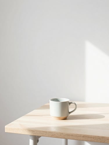 Bright minimalist Florida workspace with diffused morning daylight, a single ceramic cup on a light wooden desk, clean negative space, high-key editorial feel.