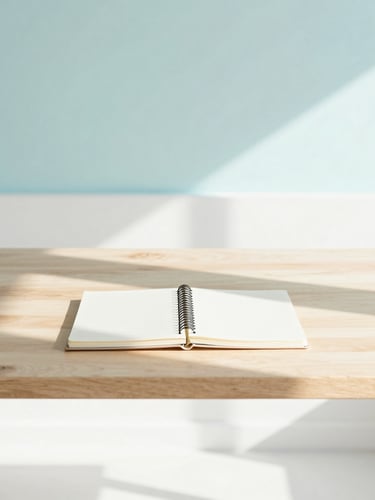 A bright, sun-drenched Florida creative studio workspace, a neat wooden desk with a single notebook, soft morning daylight casting long shadows, pastel mint and sky blue accents, high-key minimalist editorial photography.