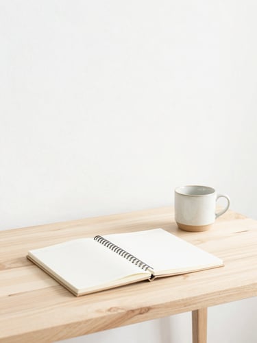 A bright minimalist Florida workspace, soft morning daylight, a clean wooden desk with a single notebook and a ceramic cup, high-key editorial composition