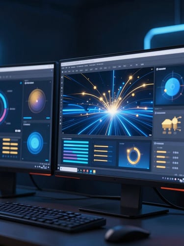Macro close-up of a high-end creative workspace, dual monitors displaying vibrant brand assets, dramatic electric blue and gold neon ambient lighting, low-key dark-room cinematic studio render.