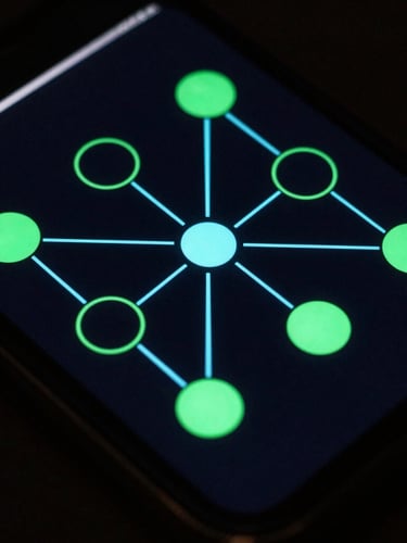 Top-down macro shot of a dark mobile screen displaying a complex node-based sync architecture diagram, glowing neon green and cyan lines, sharp focus on vector paths, low-key dark studio lighting, 35mm
