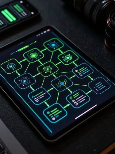 Top-down desk setup showing an iPad displaying an interactive system architecture diagram with neon green and cyan vector lines, low-key high-contrast studio lighting, dark technical aesthetic.