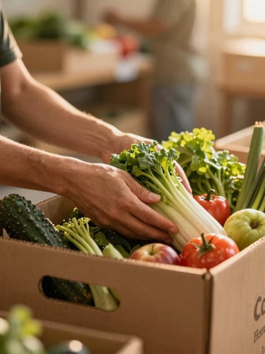 Warm editorial photograph of a volunteer's hands gently placing fresh produce into a grocery box, soft natural golden-hour light, shallow depth of field, rich earthy tones, in a community warehouse setting.
