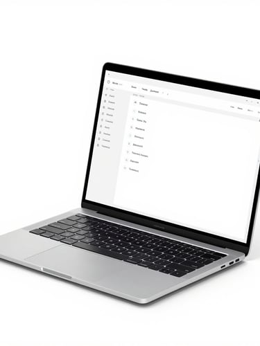Sleek isometric laptop mockup on a bright white studio background, displaying a highly structured, clean digital dashboard with subtle drop shadows, 50mm