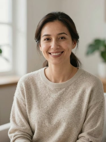 Portrait of a female psychologist in her late 30s, smiling warmly, wearing a soft neutral sweater, sitting in a bright room with plants, natural daylight, shallow depth of field.