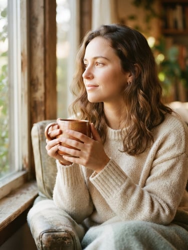 Warm-toned portrait of a person sitting by a sunlit window, holding a warm ceramic mug with both hands, soft focus, natural light, peaceful expression