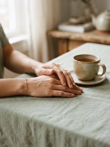 Close-up of hands resting gently on a soft linen tablecloth next to a warm ceramic mug, diffused natural daylight, muted sage tones, shallow depth of field
