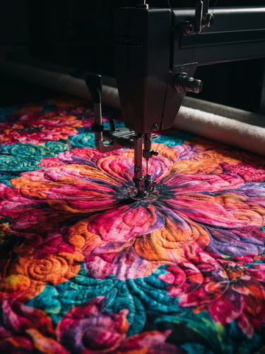 Dramatic studio photography of a longarm quilting machine stitching a vibrant Hoffman Dream Big floral panel. Raking side-light highlights the physical loft of the stitches, dark background.