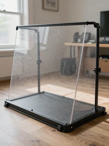 Immaculate dust-shield setup isolating a residential workspace, heavy-duty ram board on the floor, bright natural light.
