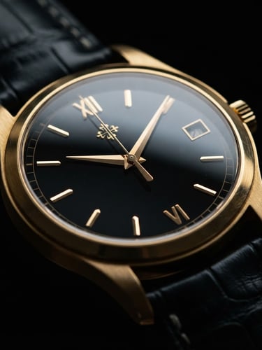 Macro shot of a premium men's luxury watch with a black leather strap and gold case, dramatic low-key lighting, shallow depth of field, cinematic product photography, against a deep black background.