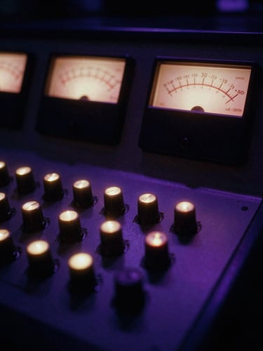 Moody low-key photography of glowing analog gear knobs and VU meters in a dimly lit control room, neon violet backlighting, 35mm film grain