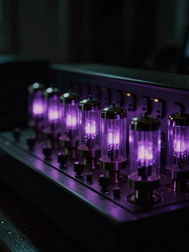 Moody low-key photography of a vintage analog mastering console, glowing purple vacuum tubes in the dark, cinematic 35mm film grain, left-aligned composition.