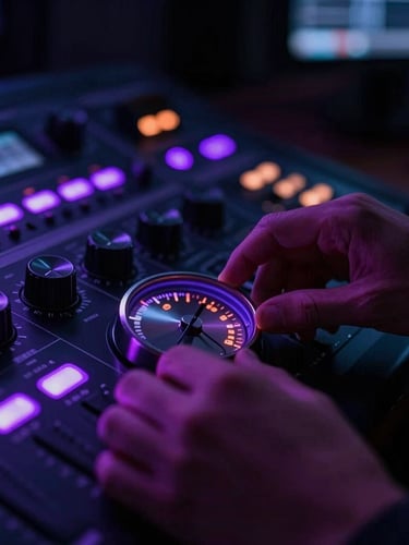 Close-up of hands adjusting a solid metal dial on a high-end mastering console, neon violet LED indicators, dark studio background