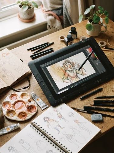 Overhead desk shot of an illustrator's workspace with physical sketchbooks, ceramic paint wells containing terracotta pigments, and a digital tablet showing a half-finished animation frame, soft natural window light, 35mm