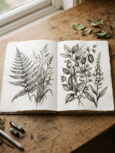 Overhead studio flat-lay of a physical sketchbook showing detailed charcoal drawings of botanical forms, soft natural light, shallow depth of field, 35mm.