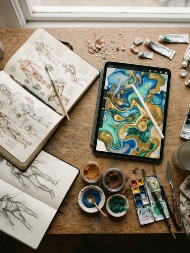 Overhead flat-lay of physical sketchbooks, hand-ground pigments, and a digital tablet showing a fluid animation frame, soft natural studio light, warm overcast daylight, 35mm