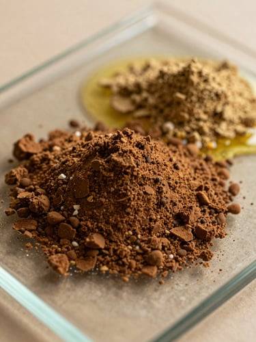 Close-up of raw pigment powders being mixed with linseed oil on a glass slab, warm studio light, rich textures, 35mm.