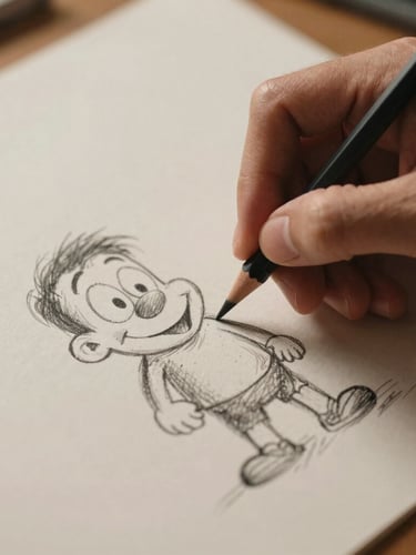 Close-up of an artist's hand sketching a cartoon character with a graphite pencil on thick textured paper, warm studio light, shallow depth of field