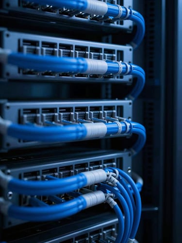 Extreme close-up of clean server rack cabling, cool-toned low-key studio lighting, deep navy and electric blue highlights, sharp focus, 35mm