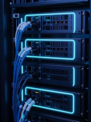 Extreme close-up of a high-end corporate data center server rack with clean cable management, neon blue and cyan rim lighting, cool low-key studio lighting, 35mm