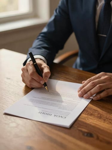 Elegant close-up of hands signing a document on a solid oak desk, warm golden-hour light from a high window, subtle reflection of deep navy tones, shallow depth of field, 35mm editorial style