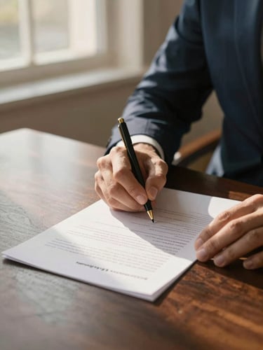 Close-up of hands signing a high-quality textured document on a dark oak table, soft natural golden hour light from a nearby window, professional atmosphere, shallow depth of field