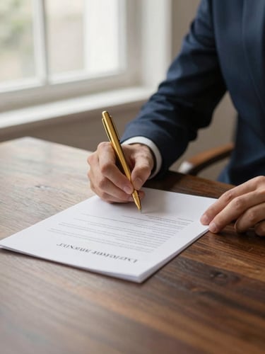 Elegant close-ups of hands signing documents on a dark wooden table, soft natural window light, shallow depth of field, warm gold accents