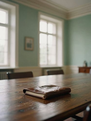 A quiet, historic European meeting room with high ceilings, soft morning window light illuminating a dark oak table, a single leather portfolio resting on the surface, shallow depth of field, 35mm photography.