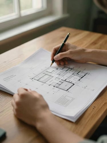 Close-up of hands reviewing physical architectural blueprints and structured documents on a heavy oak desk, soft directional side light, warm tones, 35mm