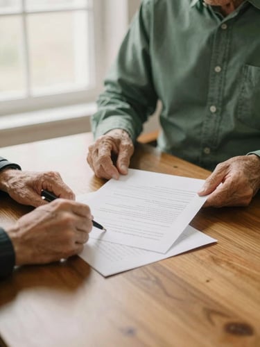Hands of an elder and younger leader reviewing structured transition documents on a heavy oak table, soft side window light, warm editorial style, 35mm.