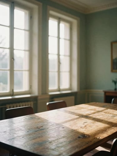 A quiet, sunlit meeting room in an old European estate, soft morning light streaming through tall windows onto a wooden table, warm editorial photography, 35mm