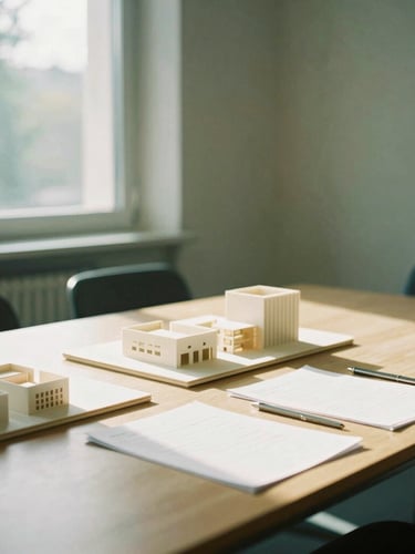 A quiet, sunlit boardroom in Munich, warm morning window light casting soft shadows on structured documents and architectural models, 35mm photography, forest green accents.