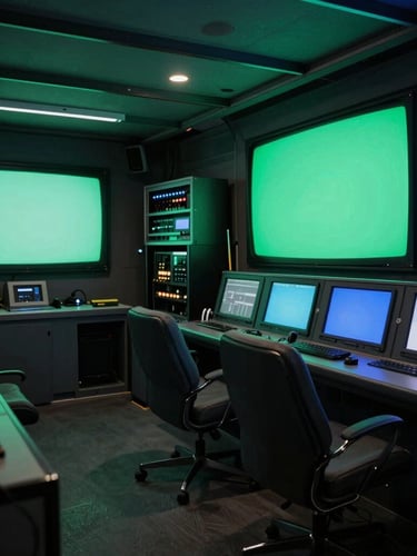 Wide cinematic angle of a dark television broadcast truck interior, glowing green and blue monitor walls casting light on empty control chairs, technical equipment racks visible in soft focus.
