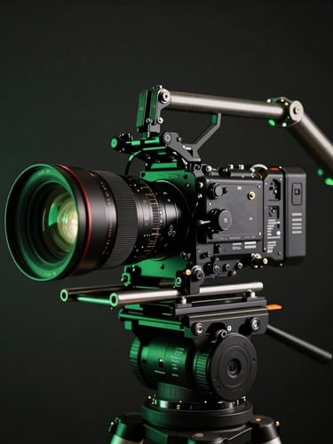 A high-end cinema camera rig with prime lens on a mechanical arm, low-key dramatic stage lighting casting a neon green rim light, dark studio background.