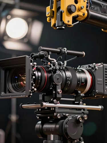 Close-up of a high-end cinema camera rig on a crane, dramatic stage lighting in the background, sharp technical details