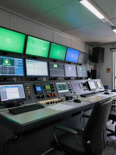 Wide-angle side view of a modern broadcast control room inside a production truck, glowing green and blue monitor displays casting sharp light on technical gear, clean composition.