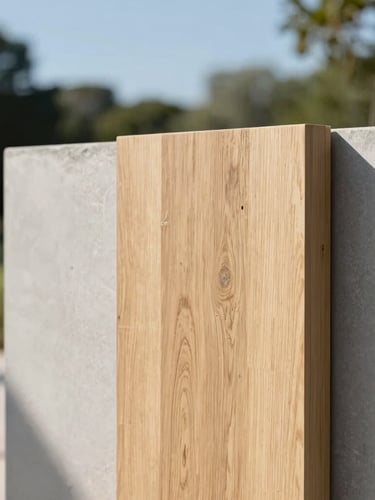 Close-up of premium raw architectural materials, light oak wood and smooth concrete, bright afternoon sun casting soft shadows, elegant composition