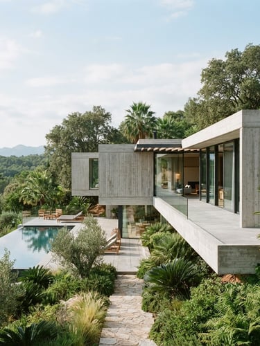 Minimalist modern villa architecture with clean concrete lines, integrated with lush green landscape, bright natural daylight, soft blue sky with light clouds, 35mm elegant architectural photography