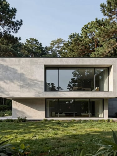 Elegant minimalist concrete and glass villa facade, integrated into a dense green pine forest, soft afternoon sun casting long shadows, architectural photography, 35mm